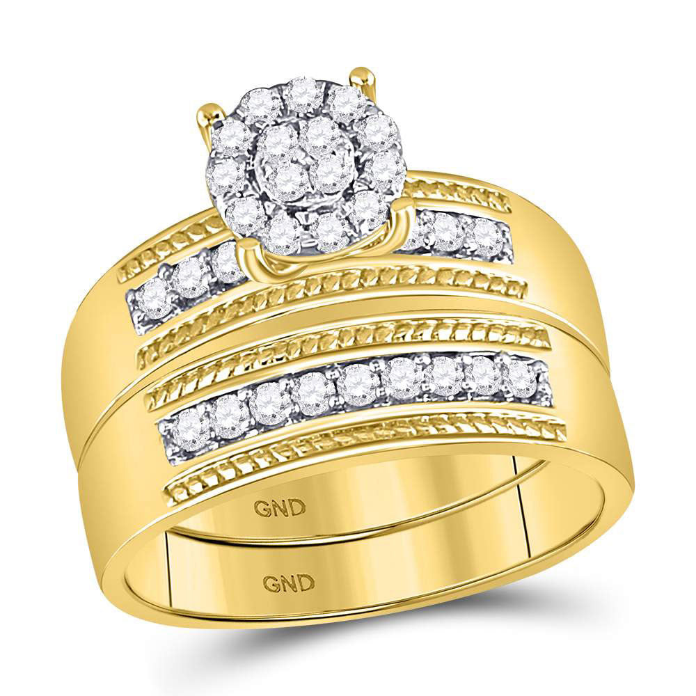 10K Yellow Gold His Hers Round Diamond Cluster Matching Wedding Set 3/4 Cttw, Womens Size: 5-10, Mens Size: 7-13