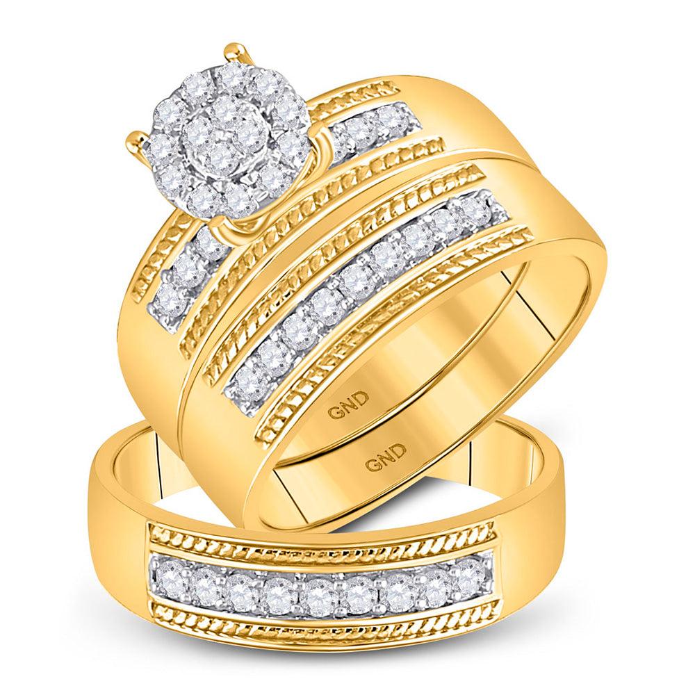 10K Yellow Gold His Hers Round Diamond Cluster Matching Wedding Set 3/4 Cttw, Womens Size: 5-10, Mens Size: 7-13