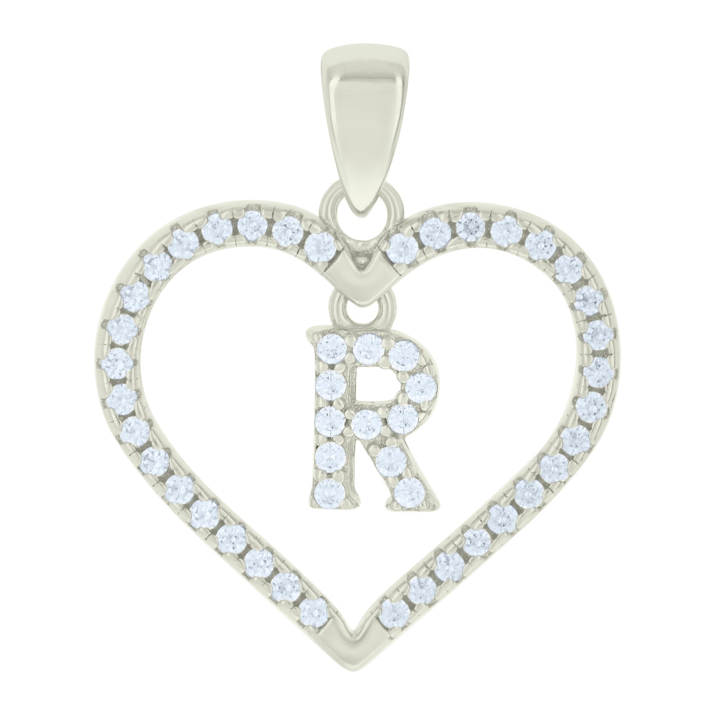 Sterling Silver Womens Cubic-Zirconia Initial Alphabet Heart Charm Pendant