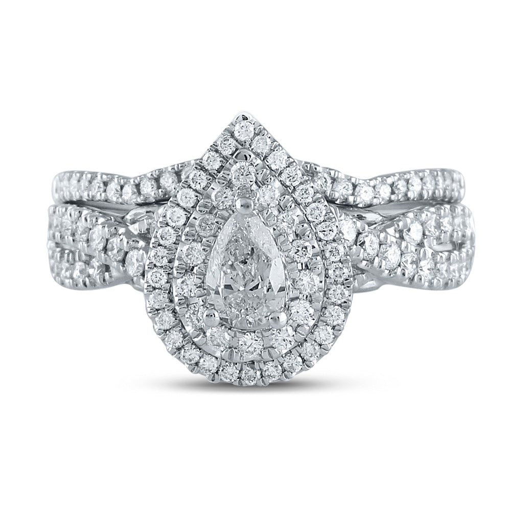 14K Two-tone Gold Pear Diamond Halo Bridal Wedding Ring Band Set 1 Cttw, Womens Size: 5-10