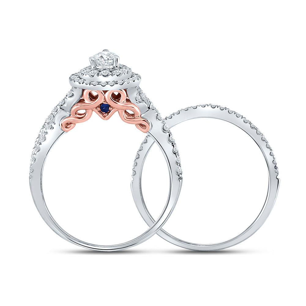 14K Two-tone Gold Pear Diamond Halo Bridal Wedding Ring Band Set 1 Cttw, Womens Size: 5-10