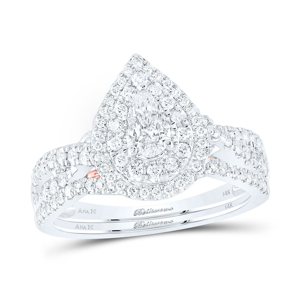 14K Two-tone Gold Pear Diamond Halo Bridal Wedding Ring Band Set 1 Cttw, Womens Size: 5-10