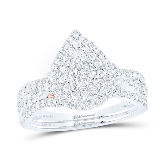 14K Two-tone Gold Pear Diamond Halo Bridal Wedding Ring Band Set 1 Cttw, Womens Size: 5-10