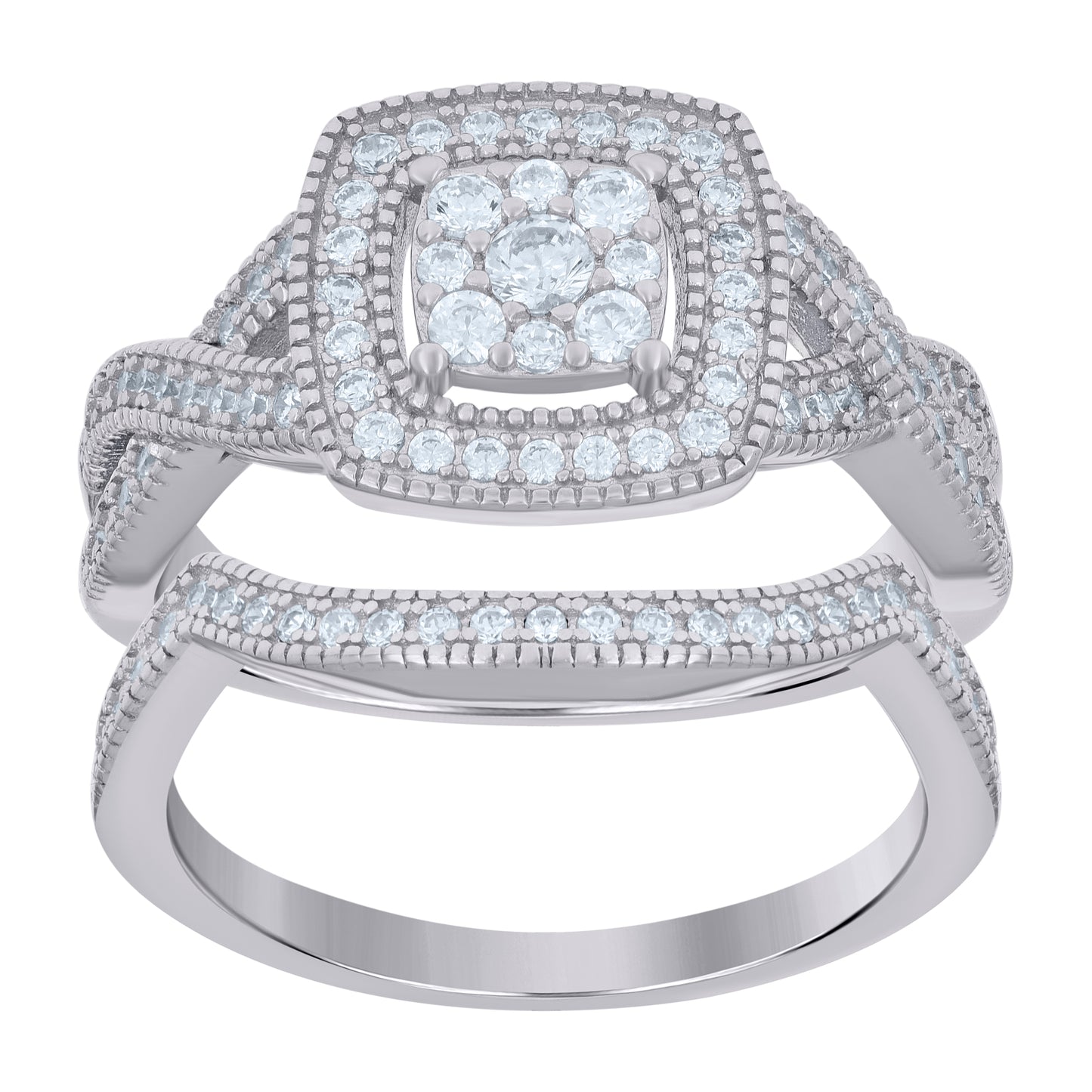 Sterling Silver Womens Cubic-Zirconia Duo Bridal Anniversary Wedding Engagement Band Ring Set Bridal Anniversary Wedding Engagement Band Ring