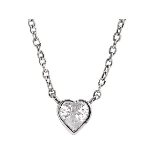 14K White Gold Heart 4 X 4 Mm 16-18 In Polished Natural White Sapphire Bezel-Set Necklace