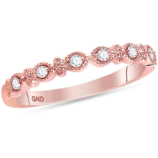 14K Rose Gold Womens Round Diamond Milgrain Stackable Band Ring 1/10 Cttw, Womens Size: 5-10