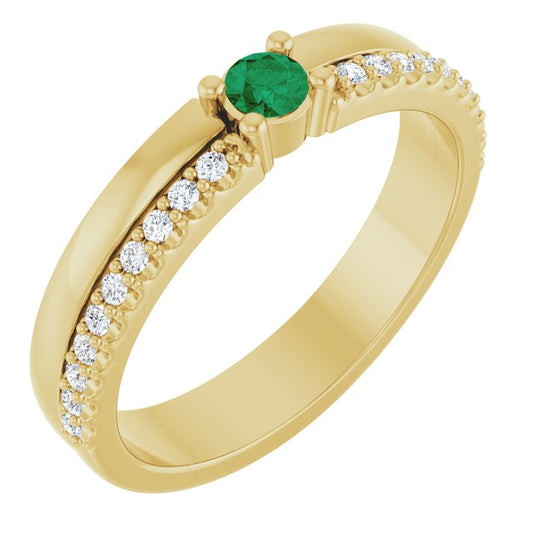 14K Yellow Gold 1-Stone Round 3 Mm Polished Lab-Grown Emerald And 1/8 Ctw Natural Diamond Family Ring, Size 7