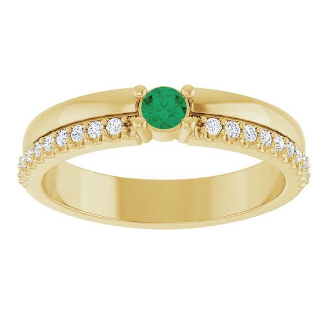 14K Yellow Gold 1-Stone Round 3 Mm Polished Lab-Grown Emerald And 1/8 Ctw Natural Diamond Family Ring, Size 7