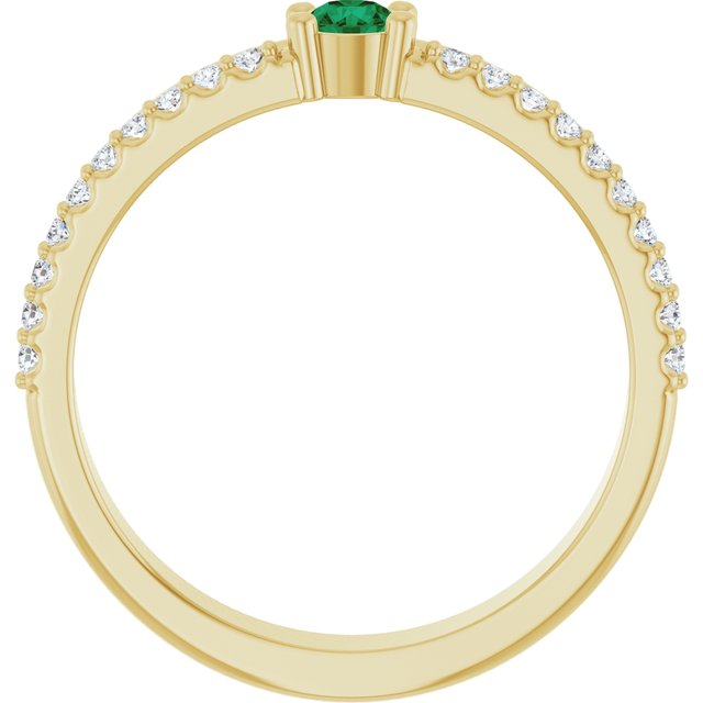 14K Yellow Gold 1-Stone Round 3 Mm Polished Lab-Grown Emerald And 1/8 Ctw Natural Diamond Family Ring, Size 7
