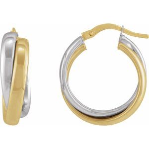 14K Yellow/White Gold Hollow Double Tube 15 mm Hoop Earrings, Length: 15 Mm, Thickness: 5.7 Mm