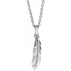 14K White Gold 19.39 X 3.87 Mm 16-18 In Polished Feather Necklace