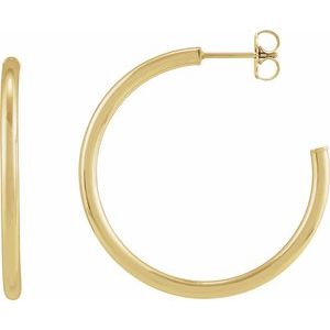 14K Yellow Or White Gold Or Sterling Silver Pair Friction Backs Included Polished Hollow Open Tube Hoop Earrings, Length 30 Mm, Thickness 2.5 Mm