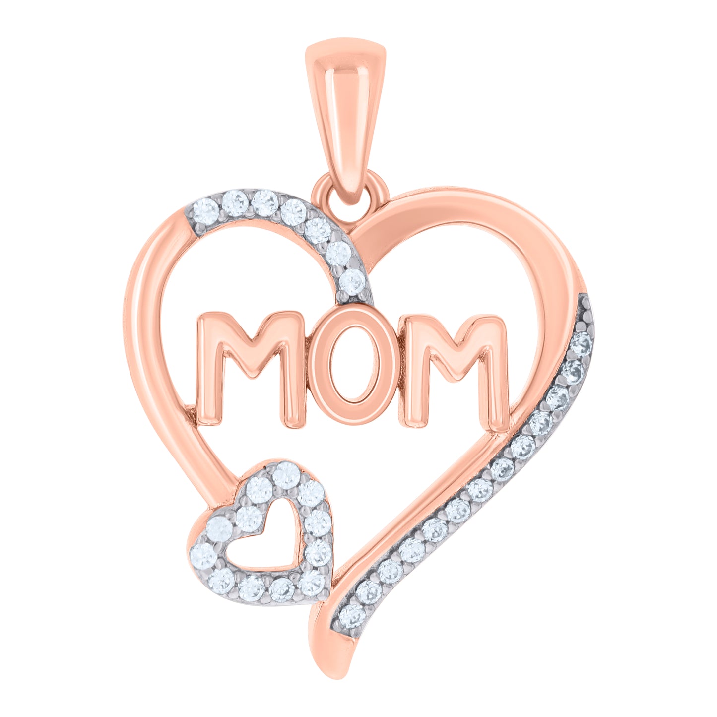 Sterling Silver Womens Cubic-Zirconia Double Heart Mom Charm Pendant