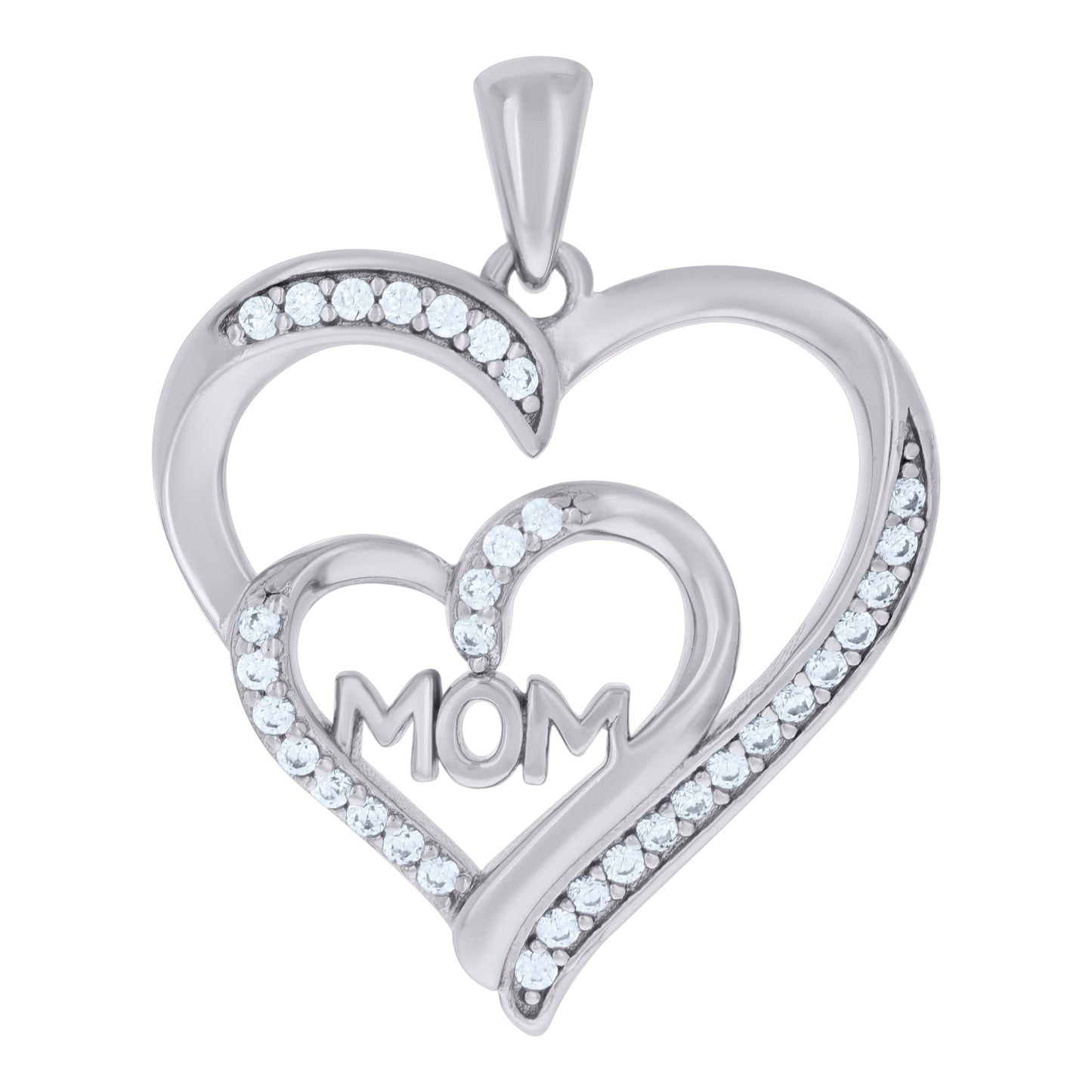 Sterling Silver Womens Cubic-Zirconia Double Heart Mom Charm Pendant