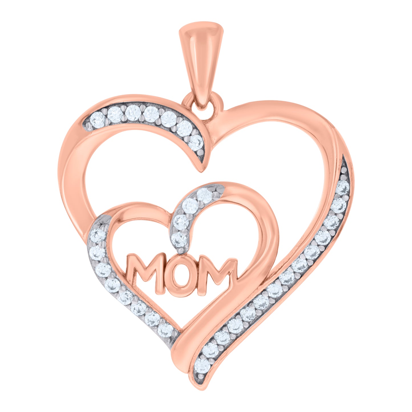 Sterling Silver Womens Cubic-Zirconia Double Heart Mom Charm Pendant
