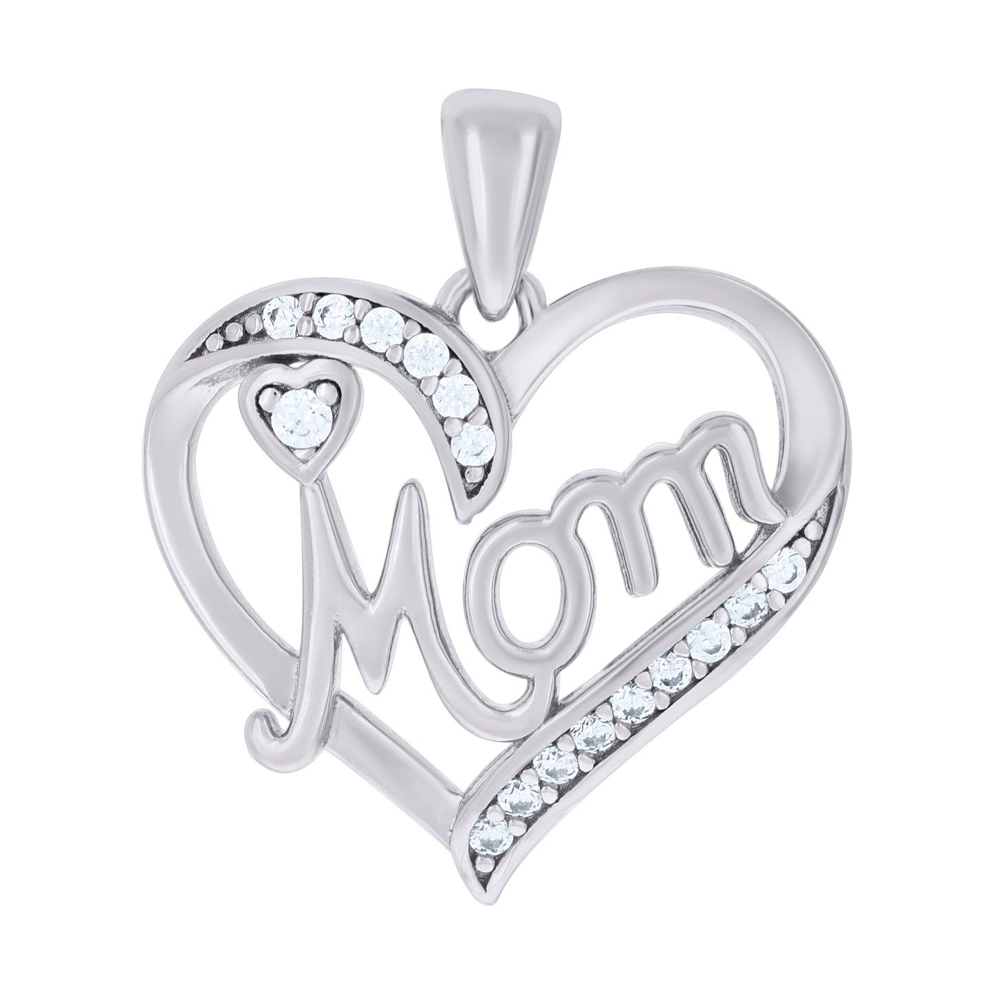 Sterling Silver Womens Cubic-Zirconia Heart Mom Charm Pendant