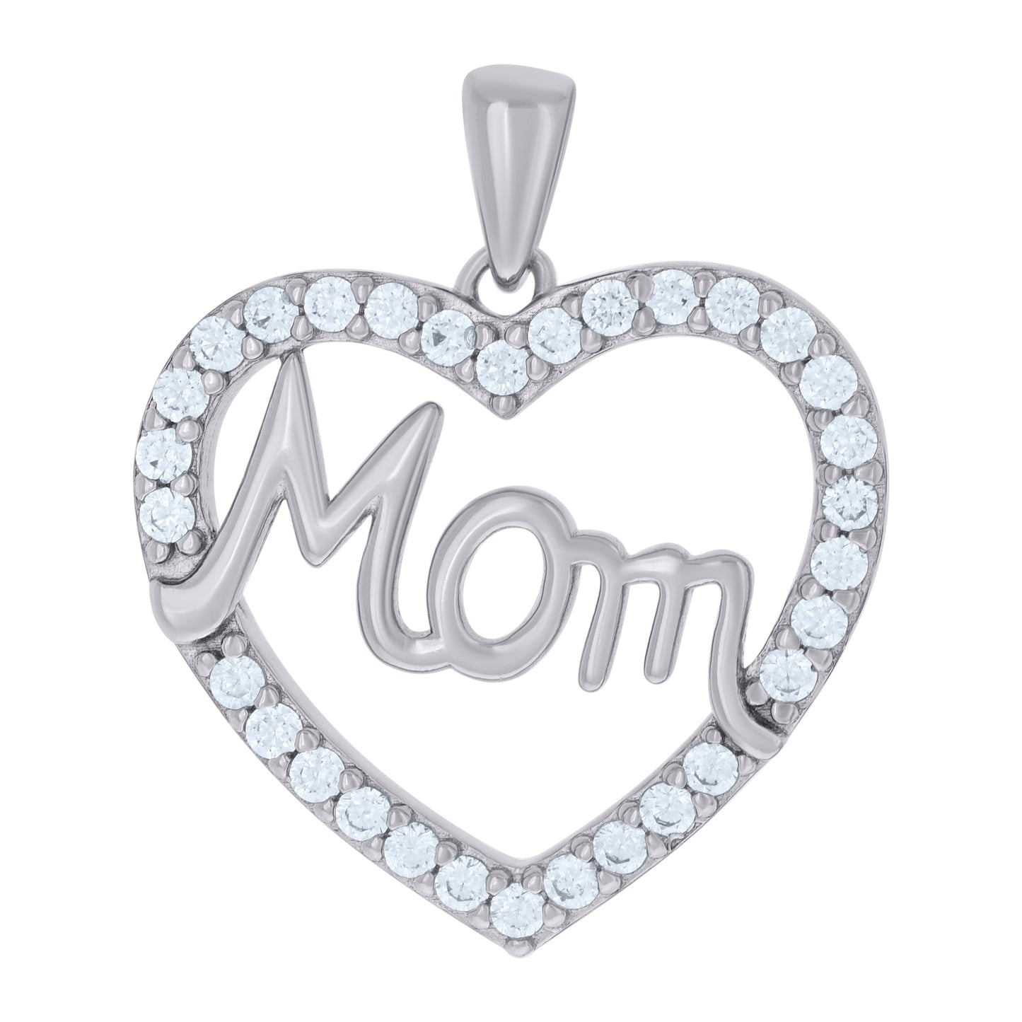 Sterling Silver Womens Cubic-Zirconia Heart Mom Charm Pendant