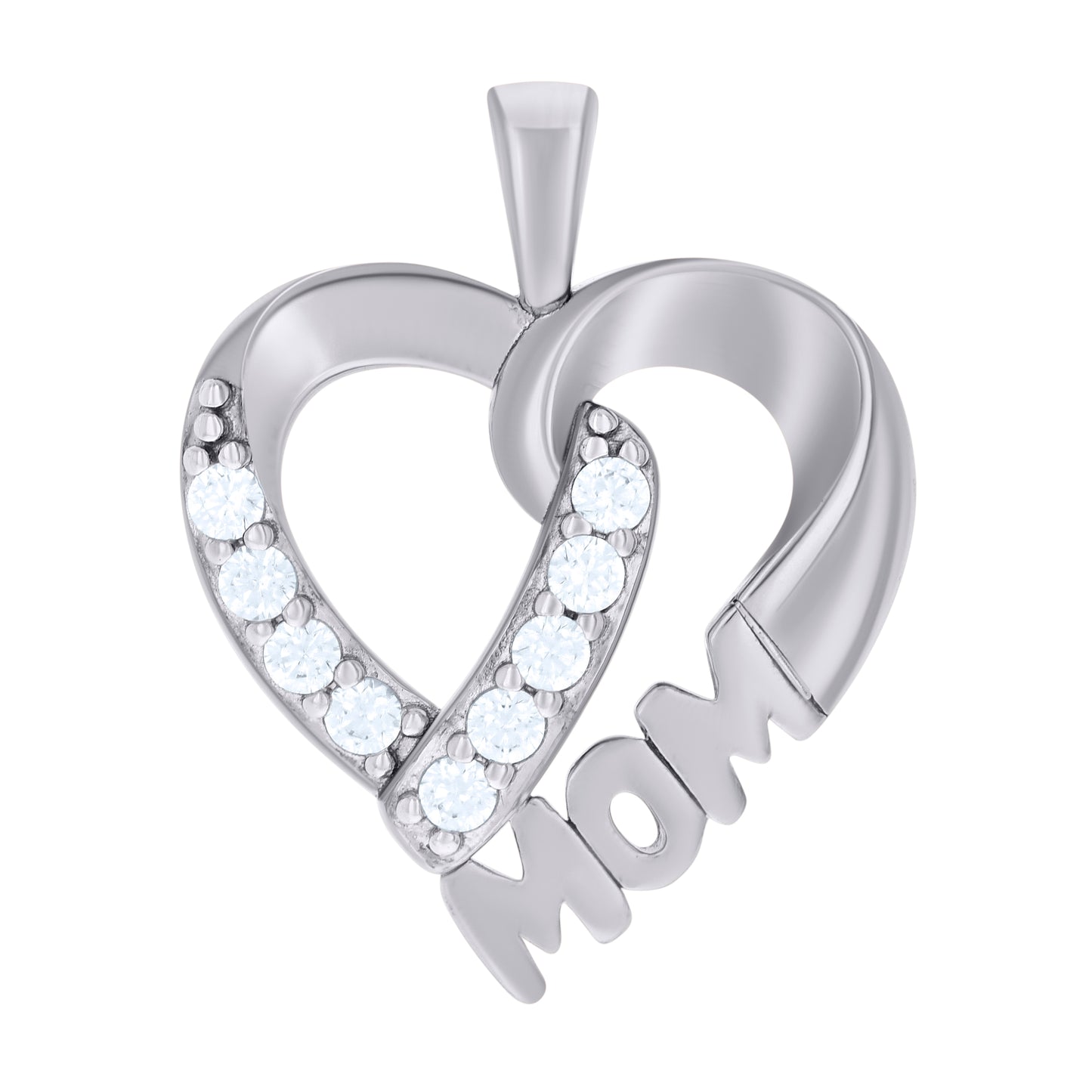 Sterling Silver Womens Cubic-Zirconia Heart Mom Charm Pendant