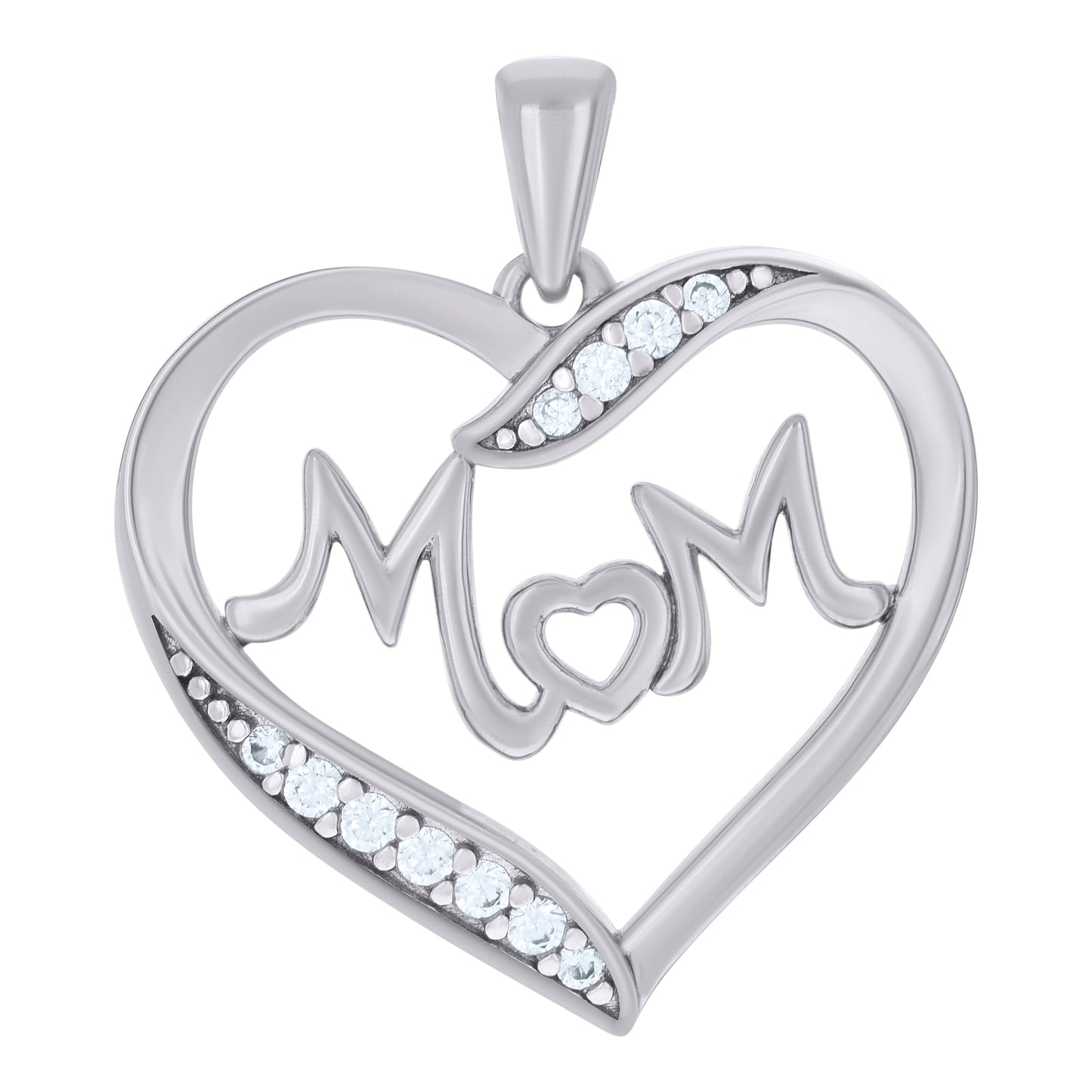 Sterling Silver Womens Cubic-Zirconia Heart Mom Charm Pendant