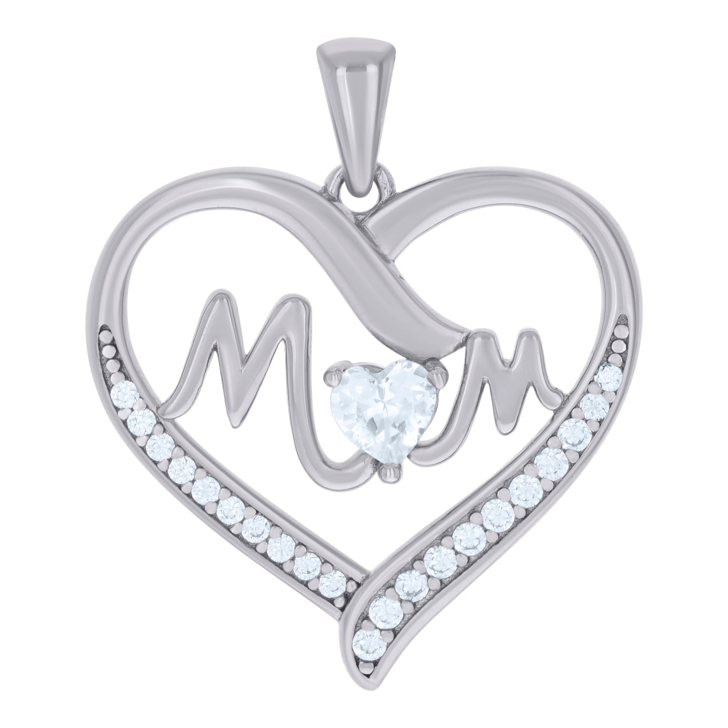 Sterling Silver Womens Heart Round Cubic-Zirconia Heart Mom Charm Pendant