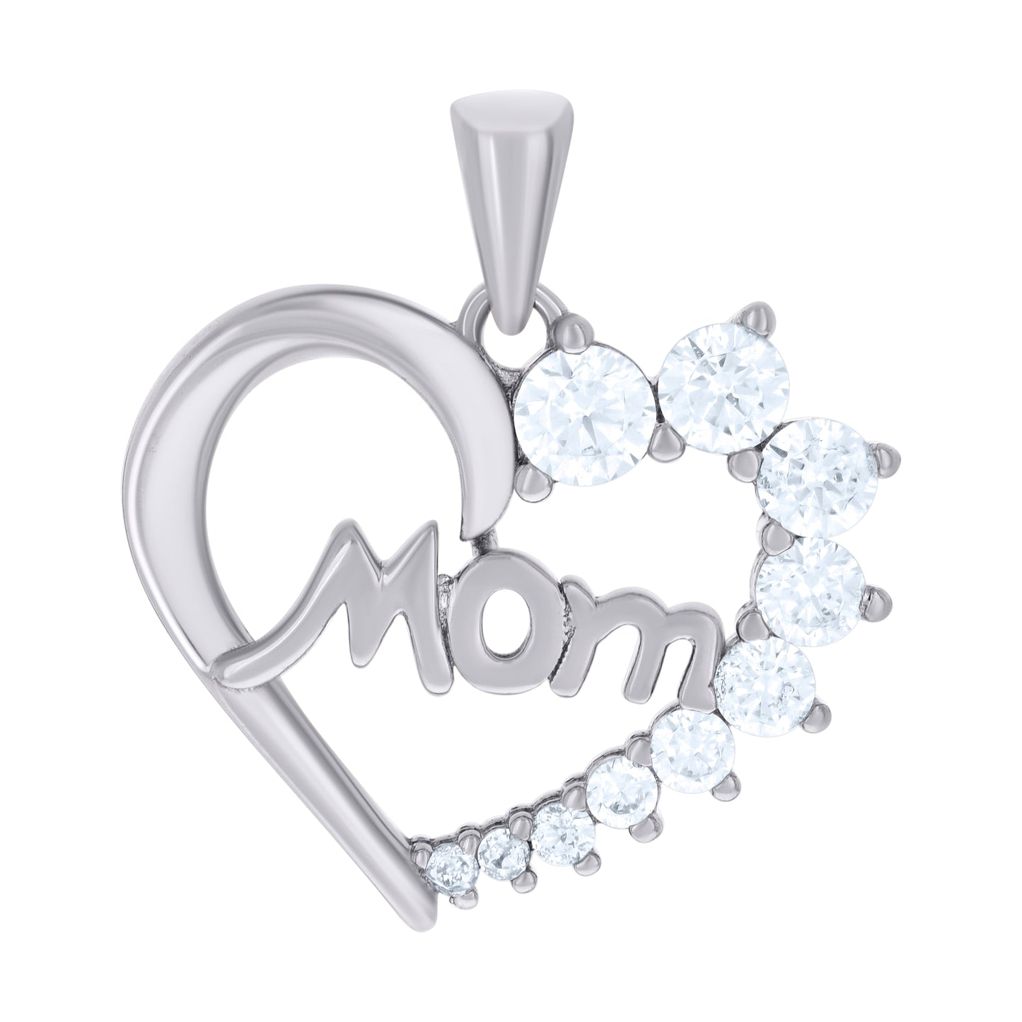 Sterling Silver Womens Cubic-Zirconia Heart Mom Charm Pendant