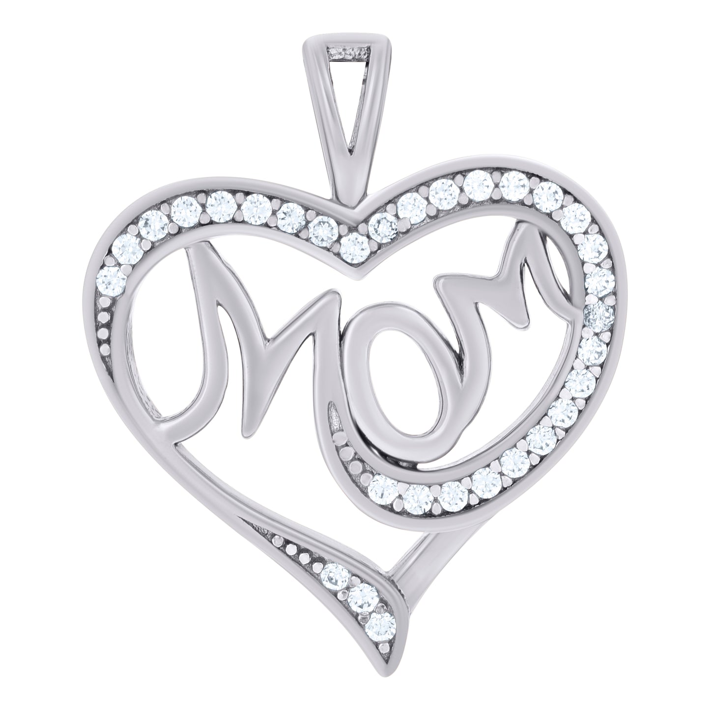 Sterling Silver Womens Cubic-Zirconia Heart Mom Charm Pendant
