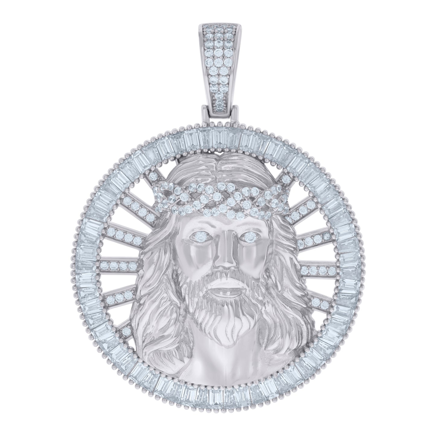 Sterling Silver Mens Baguette Round Cubic-Zirconia Medallion Jesus Religious Charm Pendant