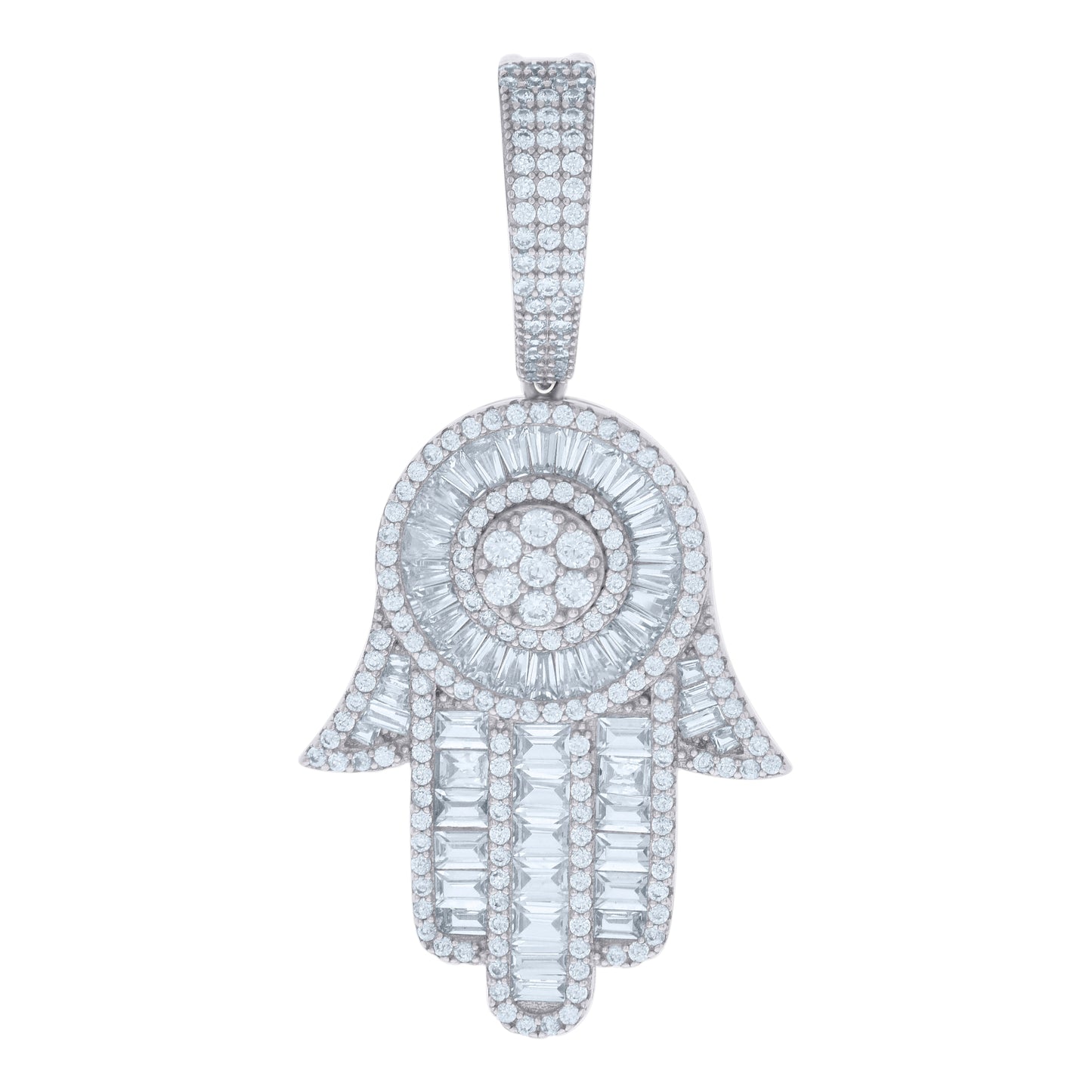 Sterling Silver Mens Baguette Round Cubic-Zirconia Hamsa Symbol Religious Charm Pendant