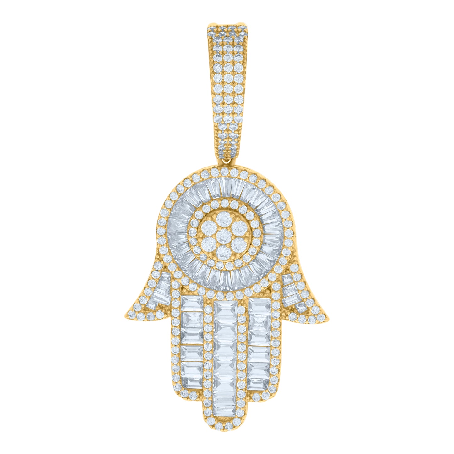 Sterling Silver Mens Baguette Round Cubic-Zirconia Hamsa Symbol Religious Charm Pendant
