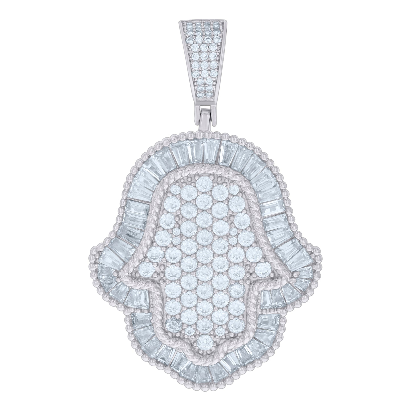 Sterling Silver Mens Baguette Round Cubic-Zirconia Hamsa Symbol Religious Charm Pendant