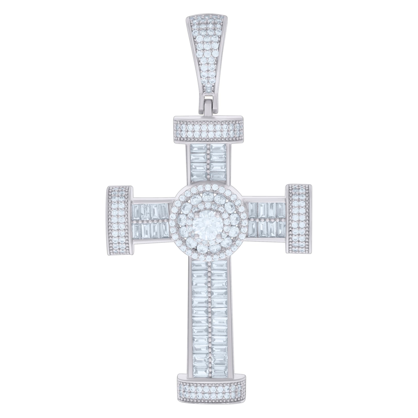 Sterling Silver Mens Baguette Round Cubic-Zirconia Cross Religious Charm Pendant