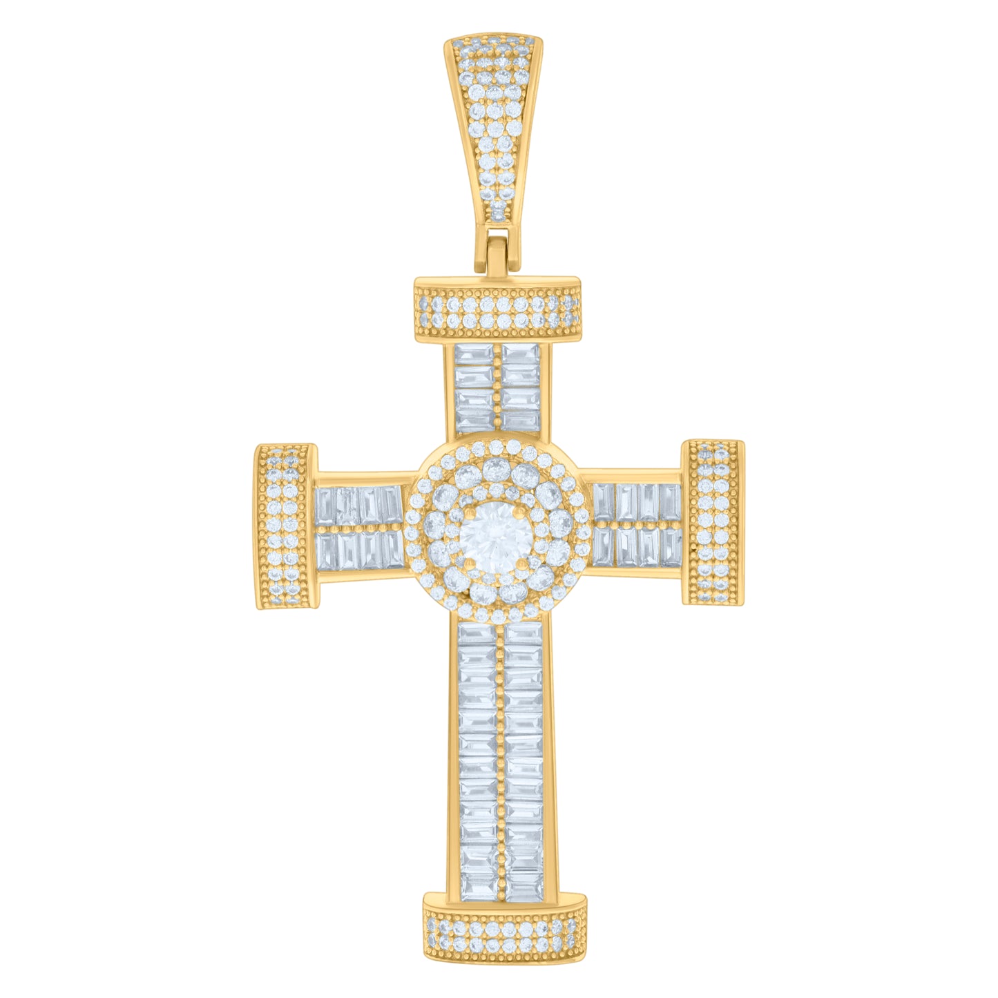 Sterling Silver Mens Baguette Round Cubic-Zirconia Cross Religious Charm Pendant