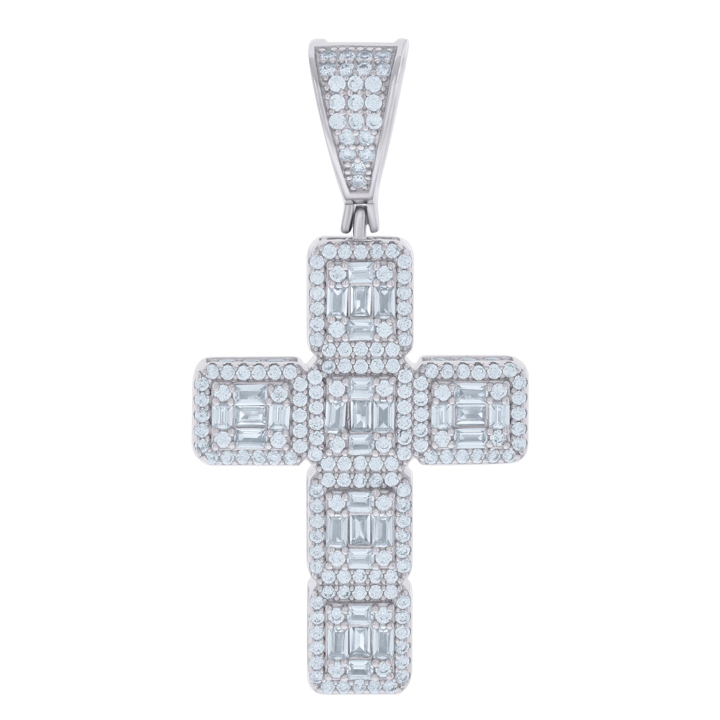 Sterling Silver Mens Baguette Round Cubic-Zirconia Cross Religious Charm Pendant