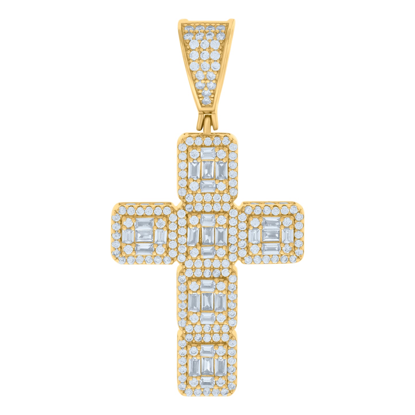 Sterling Silver Mens Baguette Round Cubic-Zirconia Cross Religious Charm Pendant