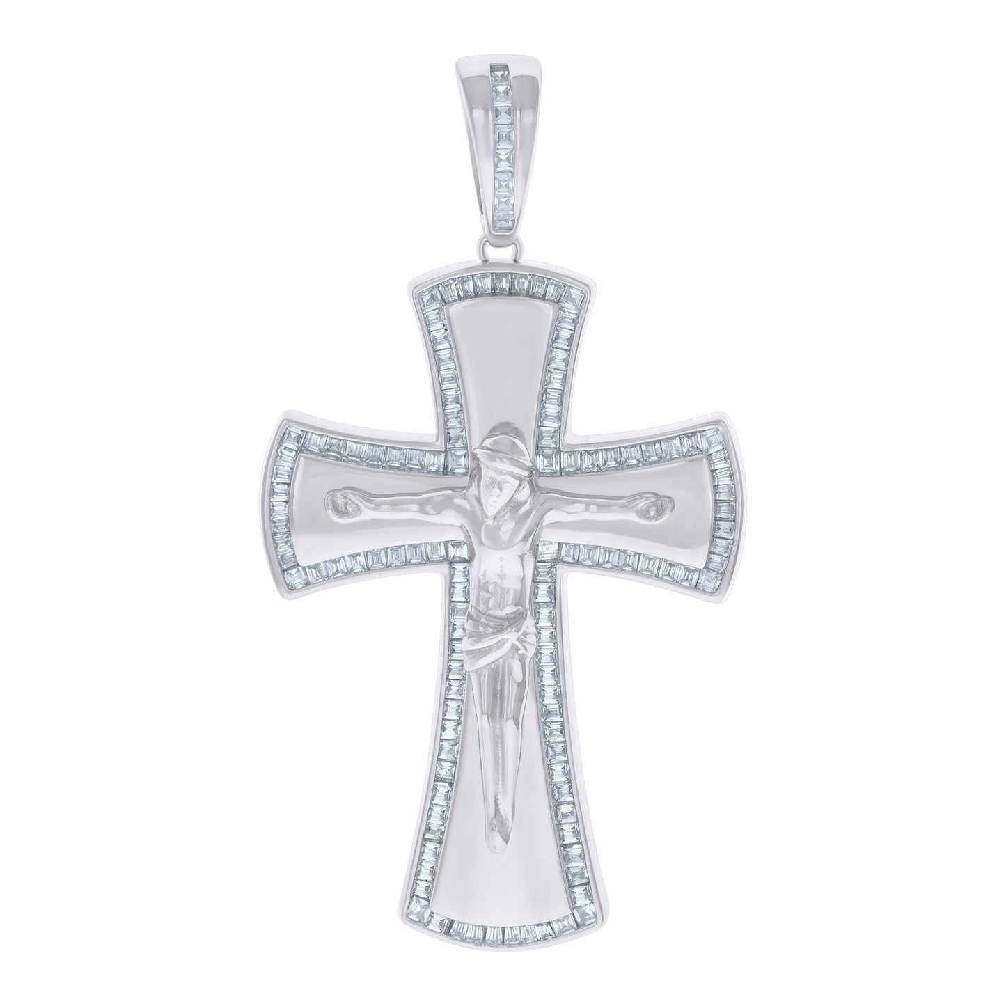 Sterling Silver Mens Baguette Cubic-Zirconia Crucifix Cross Religious Charm Pendant