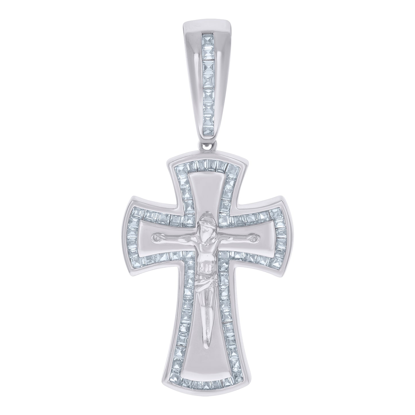 Sterling Silver Mens Baguette Cubic-Zirconia Crucifix Cross Religious Charm Pendant
