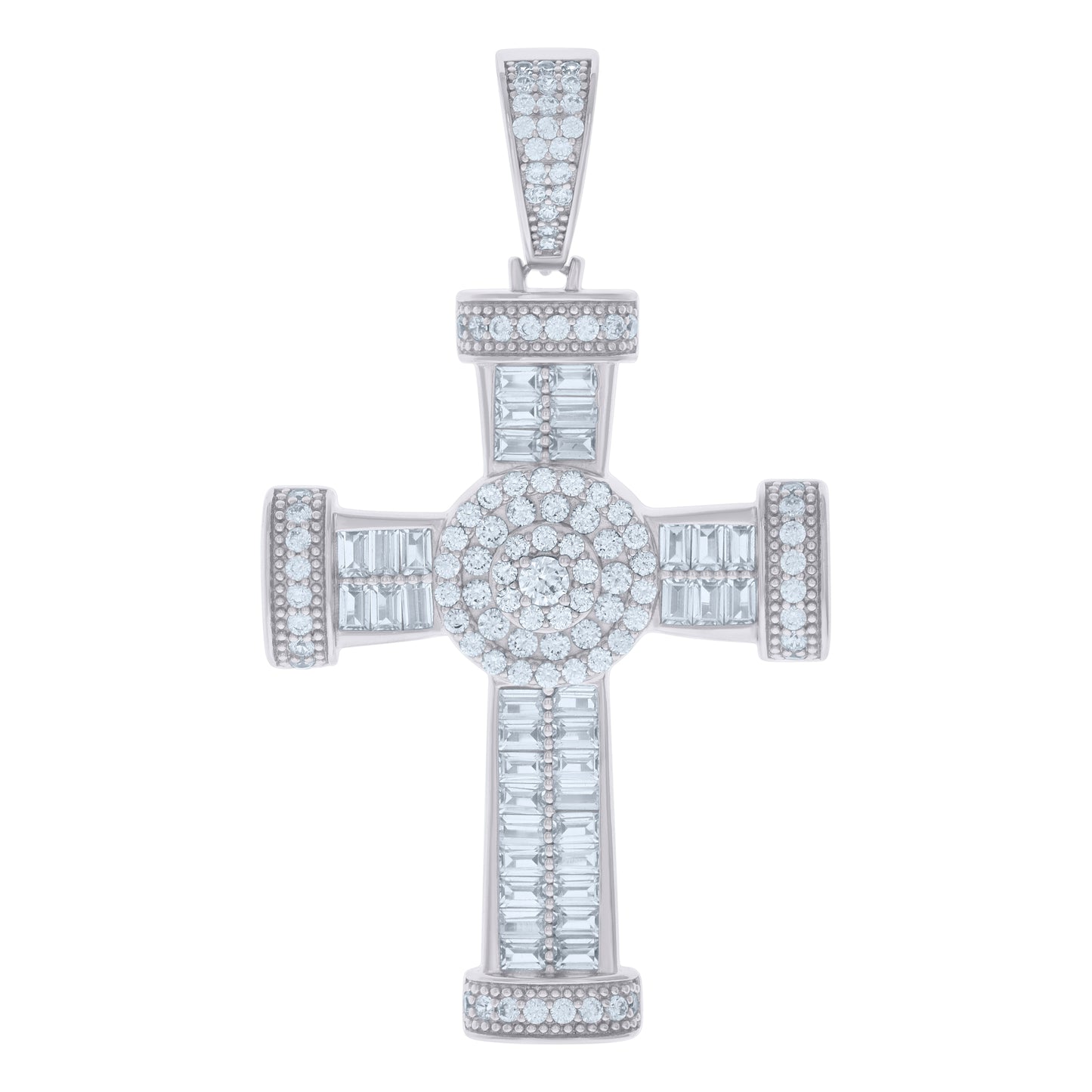 Sterling Silver Mens Baguette Round Cubic-Zirconia Cross Religious Charm Pendant