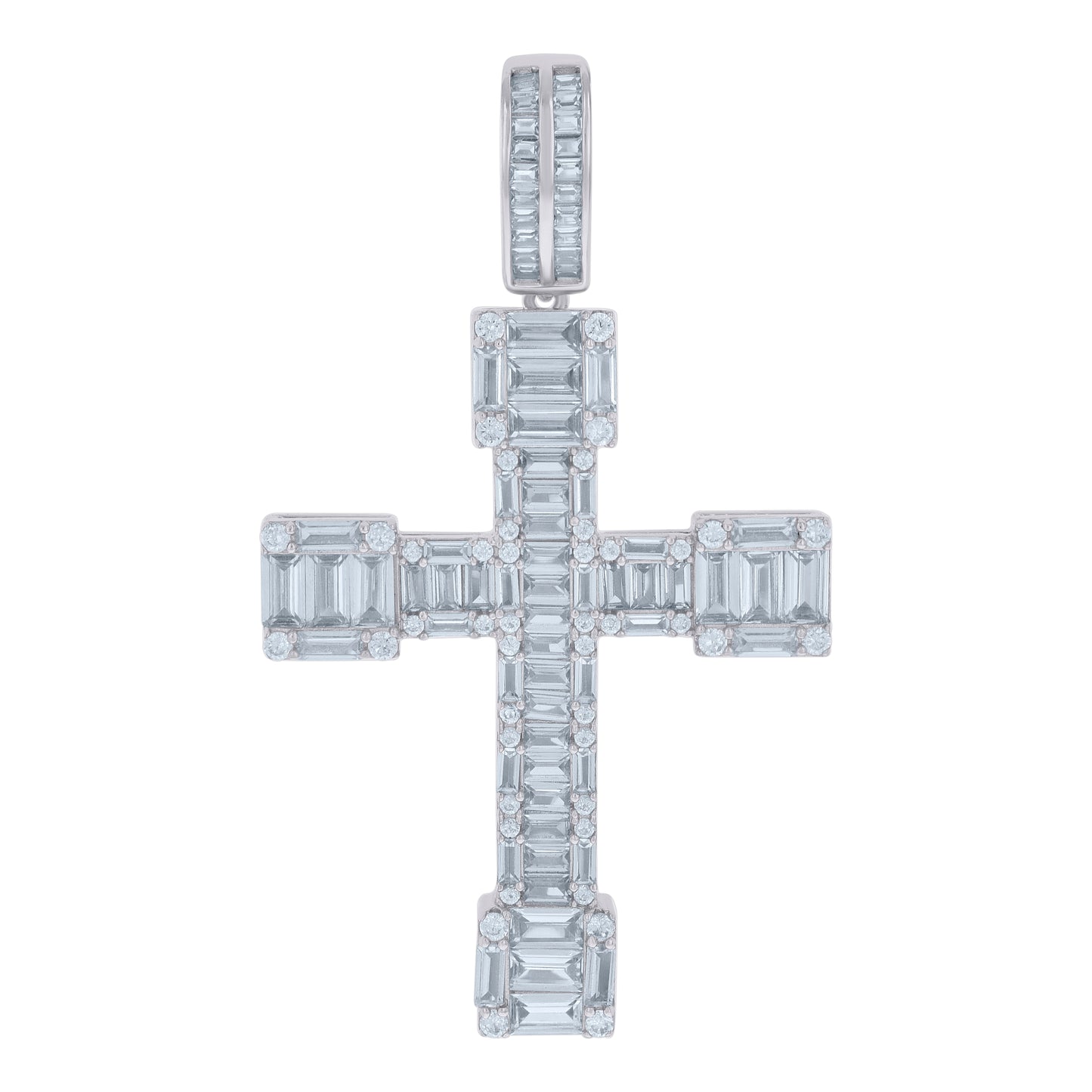 Sterling Silver Mens Baguette Round Cubic-Zirconia Cross Religious Charm Pendant