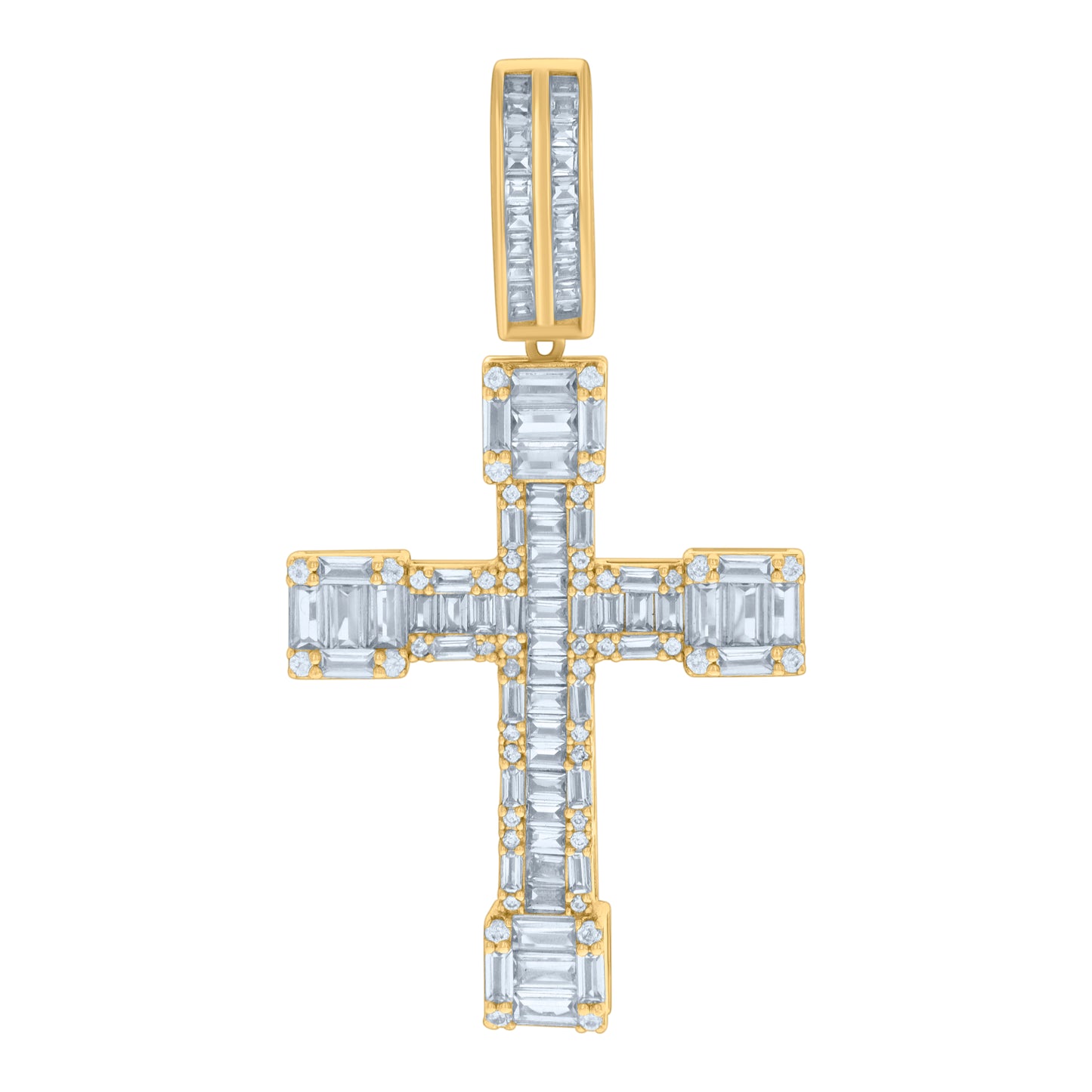 Sterling Silver Mens Baguette Round Cubic-Zirconia Cross Religious Charm Pendant