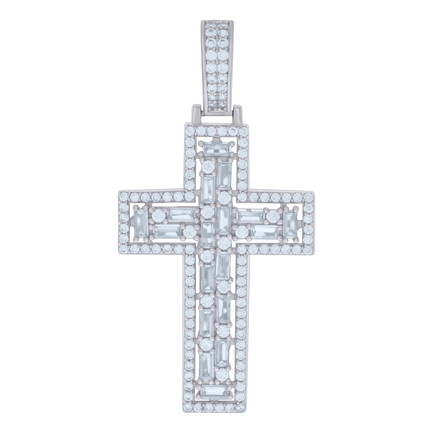 Sterling Silver Mens Baguette Round Cubic-Zirconia Cross Religious Charm Pendant