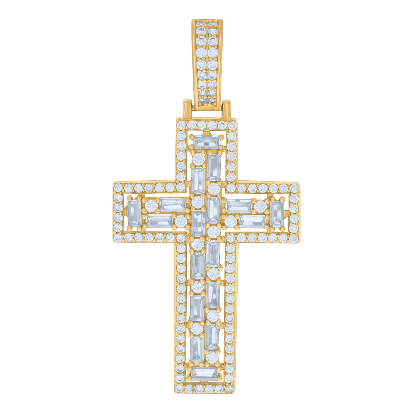 Sterling Silver Mens Baguette Round Cubic-Zirconia Cross Religious Charm Pendant