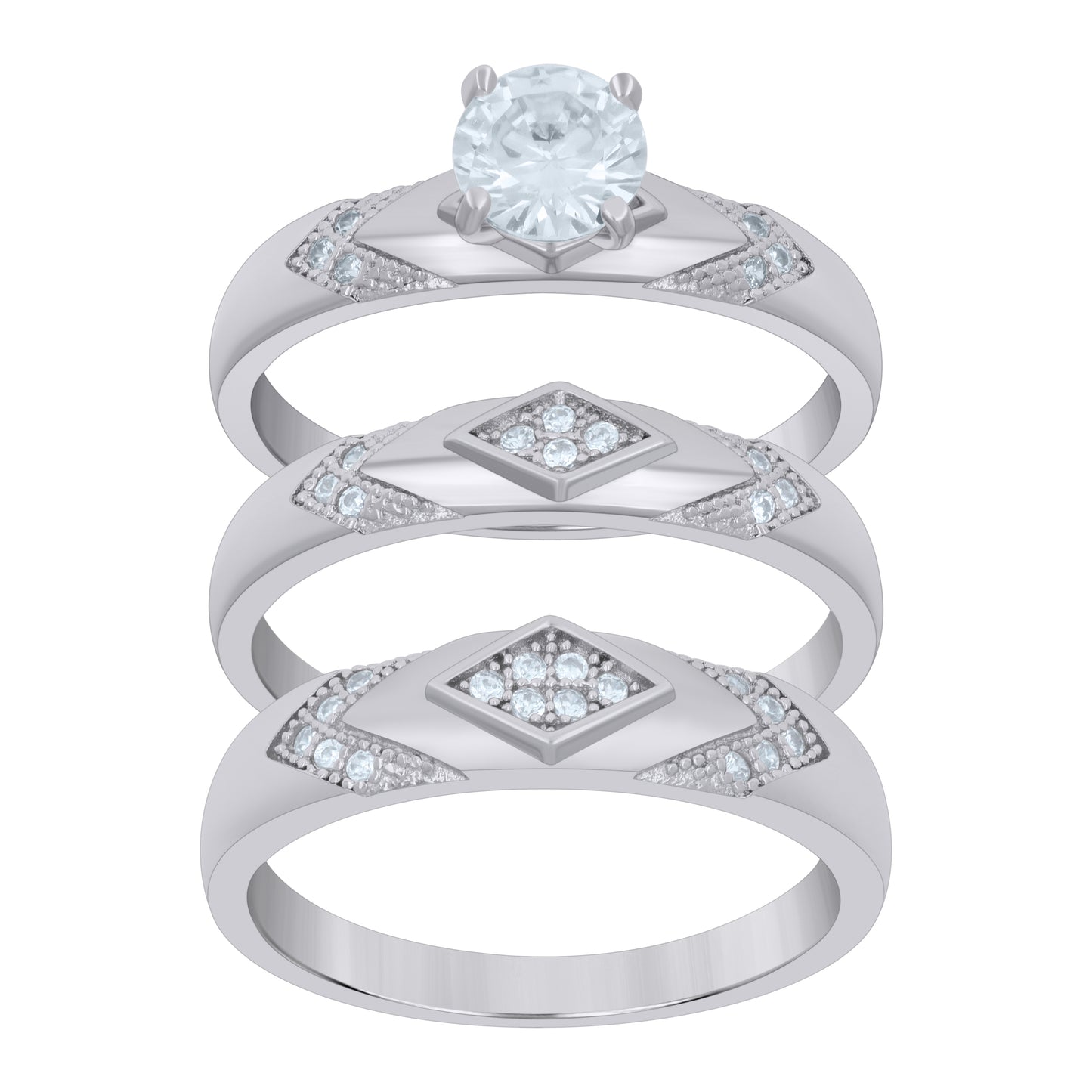 Sterling Silver Womens Cubic-Zirconia Trio Bridal Anniversary Wedding Engagement Band Ring Set