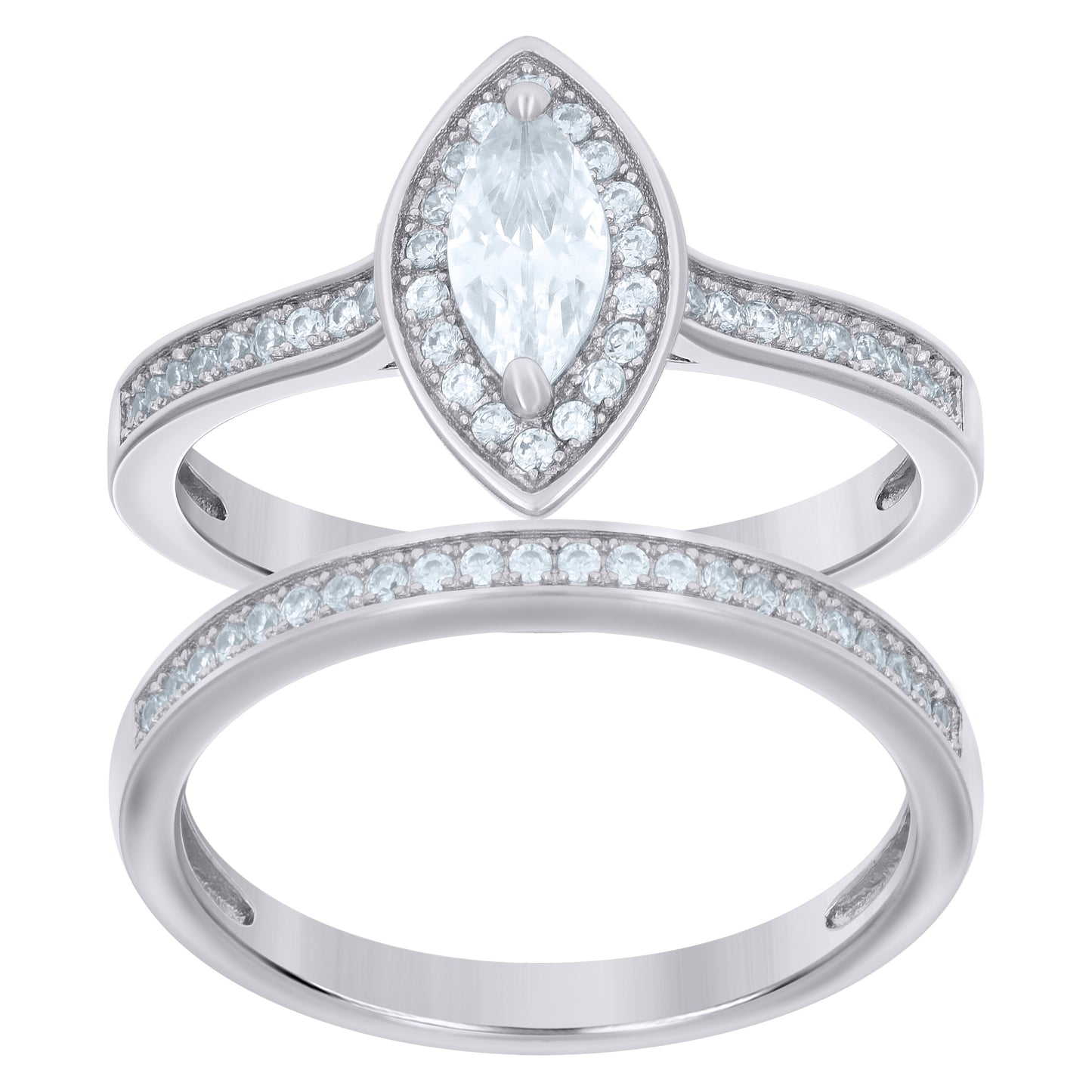 Sterling Silver Womens Marquise Round Cubic-Zirconia Duo Bridal Anniversary Engagement Wedding Ring Set