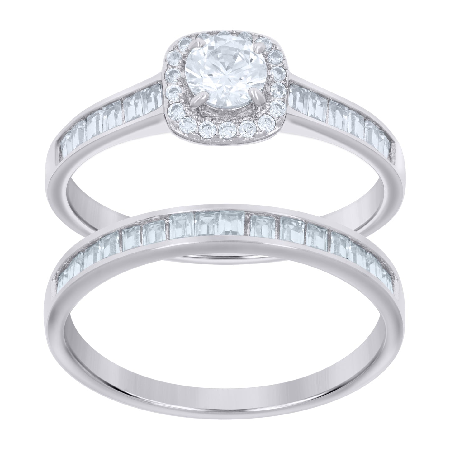 Sterling Silver Womens Baguette Round Cubic-Zirconia Duo Bridal Anniversary Engagement Wedding Ring Set