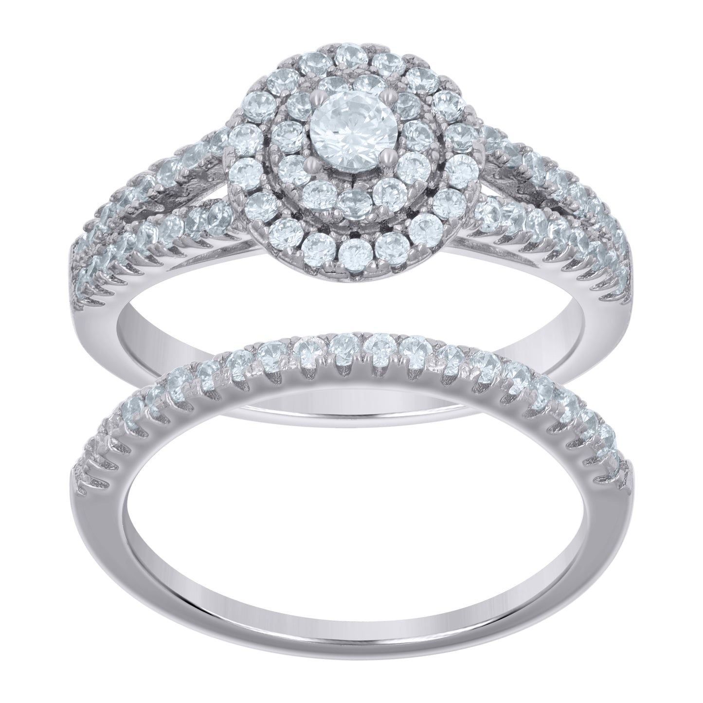 Sterling Silver Women's Cubic-Zirconia Duo Bridal Anniversary Engagement Wedding Ring Set