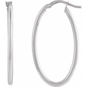 14K White Gold 34.3 X 18.5 Mm 2 Mm Pair Hinged Polished Hollow Elongated Oval Tube Hoop Earrings