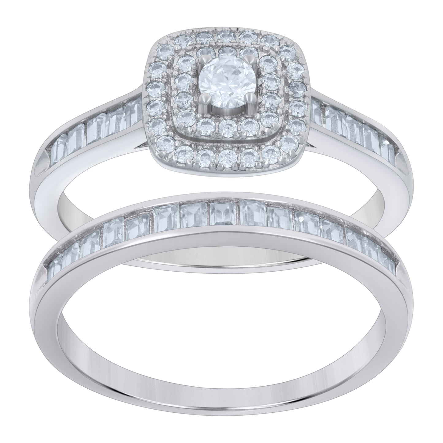 Sterling Silver Women's Baguette Round Cubic-Zirconia Duo Bridal Anniversary Engagement Wedding Ring Set