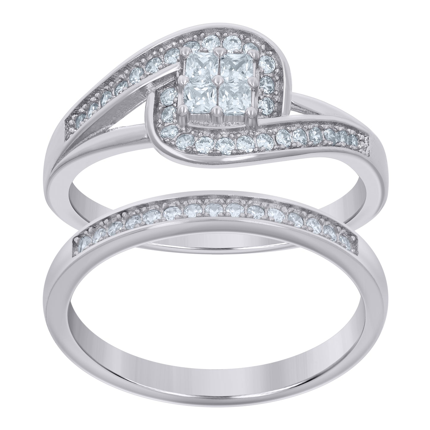 Sterling Silver Womens Princess-cut Round Cubic-Zirconia Duo Bridal Anniversary Engagement Wedding Ring Set