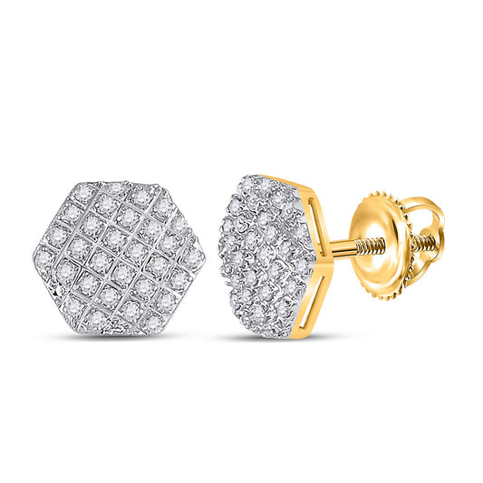 10K Yellow Gold Round Diamond Hexagon Cluster Earrings 1/6 Cttw