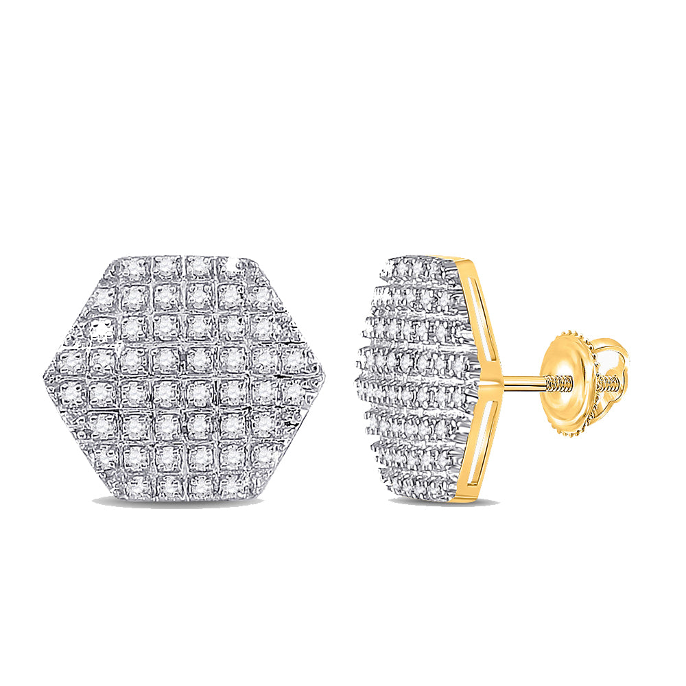 10K Yellow Gold Round Diamond Hexagon Stud Earrings 1/3 Cttw